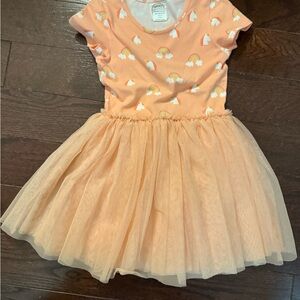 Charming Peach Kids Dress with Rainbow and Cloud Design